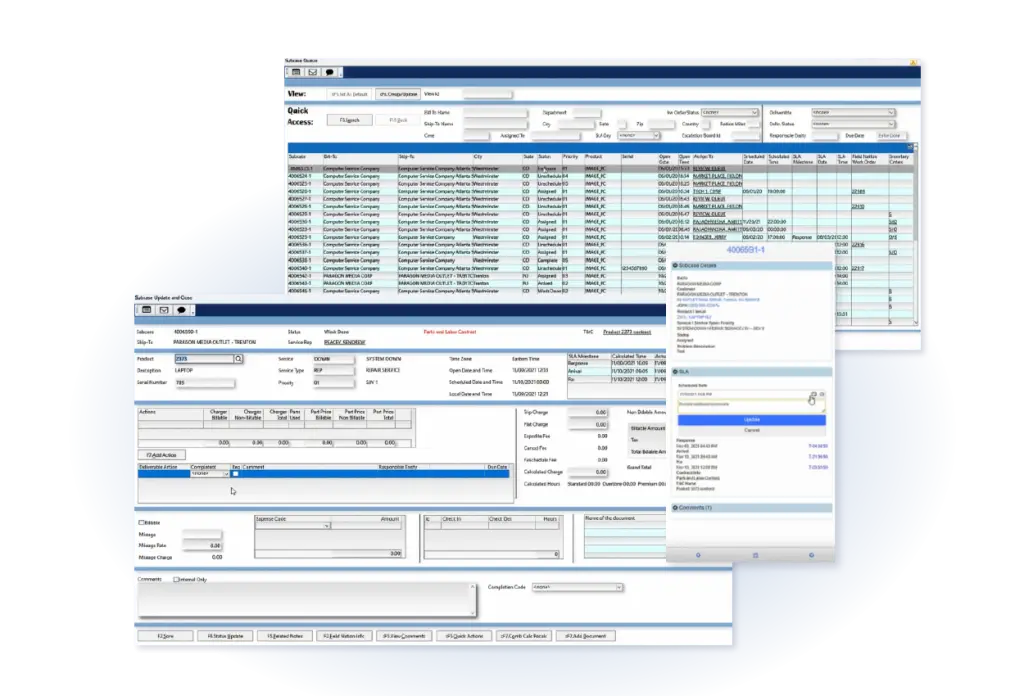 Screenshots of ServiceForge's portal, analytics, workflows, and mobile platform