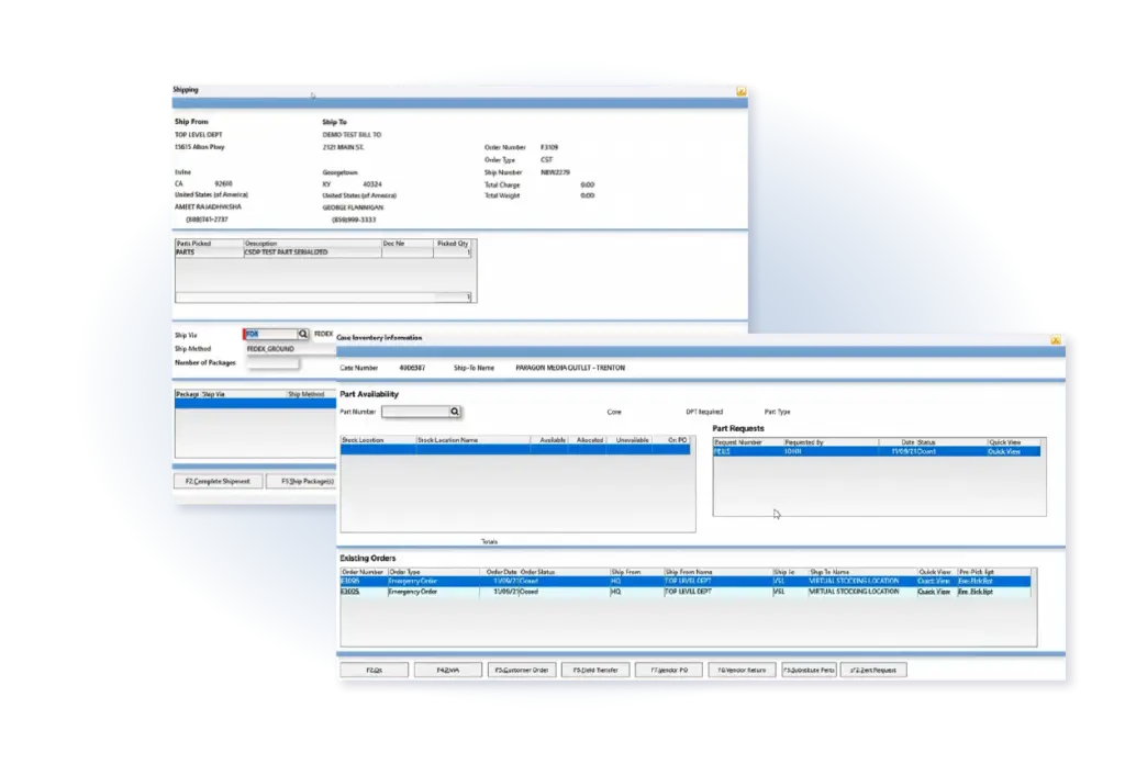 Screenshots from ServiceForge's inventory tracking software